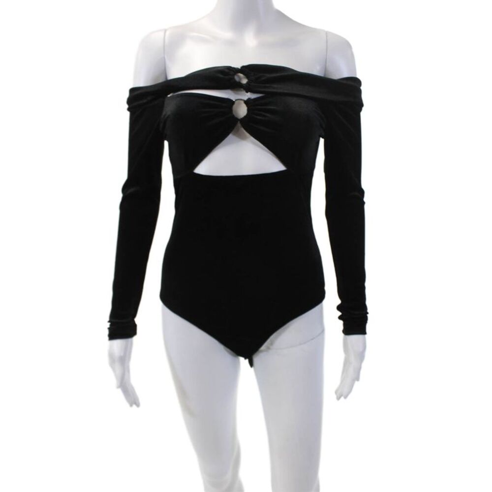 Glamourous Womens Velvet Long Sleeve Off the Shoulder Bodysuit Black Size XS
